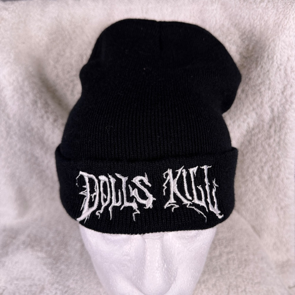 Dolls Kill Black Cuffed Logo‎ Beanie Winter Hat Metal Style Logo Goth